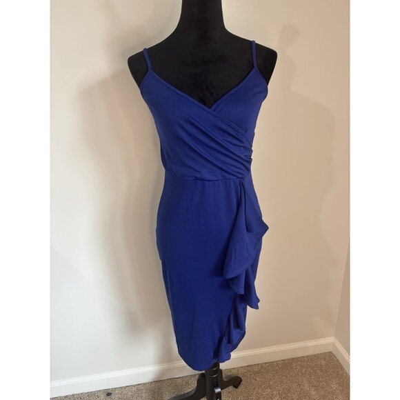 Oxuly Fashion Dresses & Skirts - Royal Blue Wrap Style Cocktail Dress With Ruffle Accent Resort wear size small